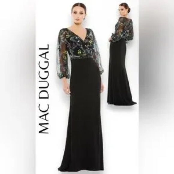 New Mac Duggal Black Embroidered Illusion Puff Sleeve Gown #79379 Sz: 6